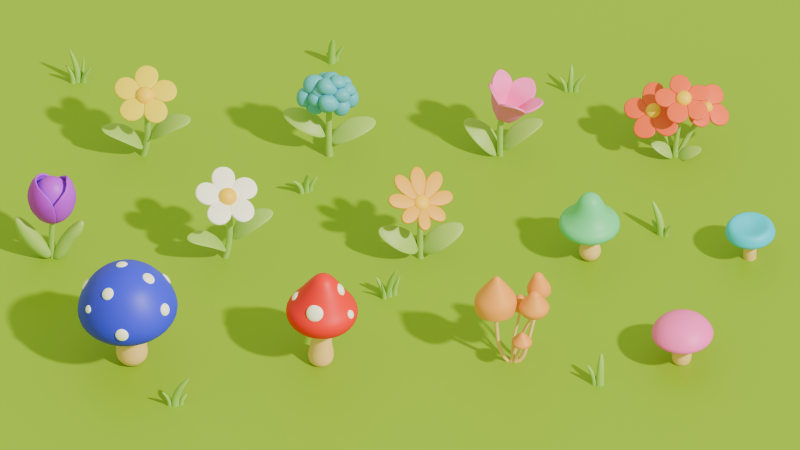 Stylized Cartoon Flowers and Mushrooms Model 3D .c4d .max .obj .3ds .fbx .stl .blend 