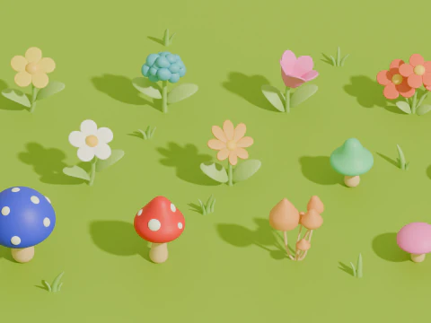 Stylizowane kwiaty i grzyby z kresk&oacute;wek Model 3D