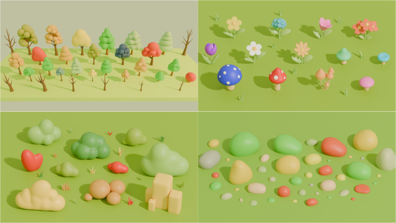 Stylized Cartoon Nature Asset Pack 3D Модель .c4d .max .obj .3ds .fbx .stl .blend