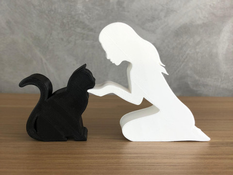 Girl and her cat - straight hair 3D Print Model