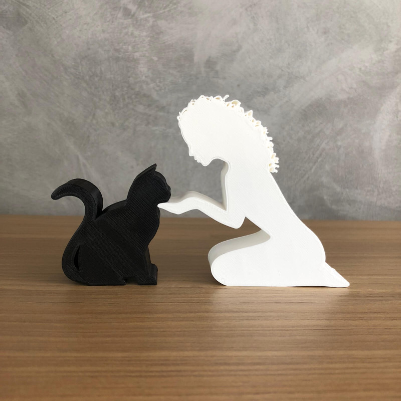 Girl and her cat - wavy hair 3D Print Model .c4d .max .obj .3ds .fbx .stl .blend