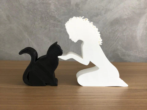 Girl and her cat - wavy hair 3D Print Model