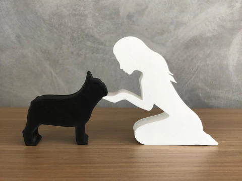 Gadis dan anjing bulldog Perancisnya - rambut lurus Model Cetak 3D