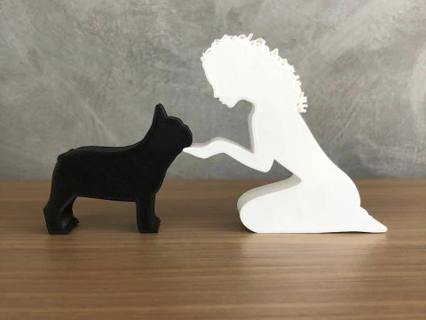 Girl and her french bulldog - wavy hair 3D Print Model