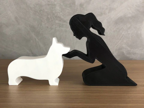 M&auml;dchen und ihr Corgi &ndash; zusammengebundenes Haar 3D Druckmodell