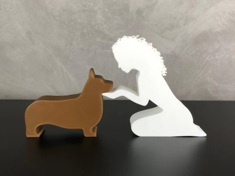 M&auml;dchen und ihr Corgi &ndash; welliges Haar 3D Druckmodell