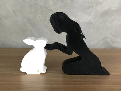 소녀와 그녀의 토끼 - 생머리 3D 프린트 모델