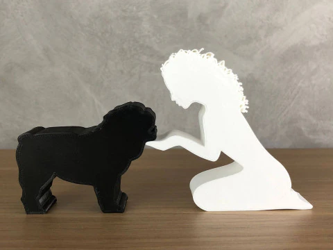 Girl and her Bulldog - wavy hair 3D Print Model