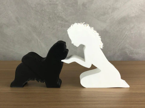 女の子と彼女のマルチーズ - ウェーブのかかった髪 3Dプリントモデル