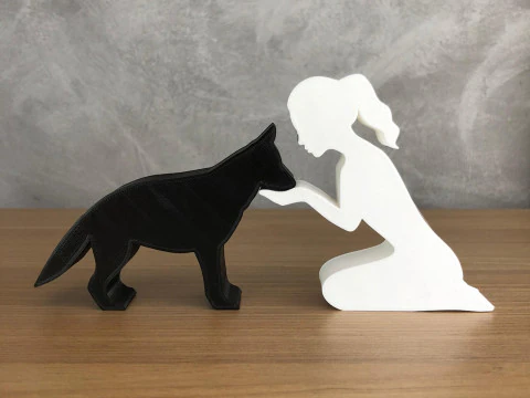 लड़की और उसका जर्मन शेफर्ड - बंधे हुए बाल 3D प्रिंट मॉडल