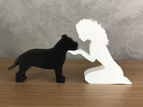 Girl and her Pit bull - wavy hair 3D Print Model