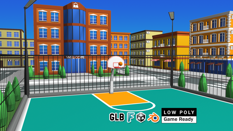 Basketball Court in Urban City 3D Модель .c4d .max .obj .3ds .fbx .stl .blend 