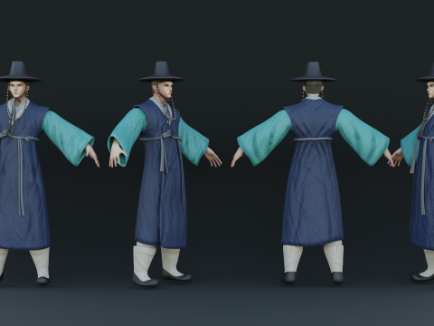 Korean hanbok men with character Low-poly 3D 모델