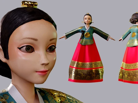 Korean Traditional Royal QUEEN Hanbok with character Low-poly 3D 모델