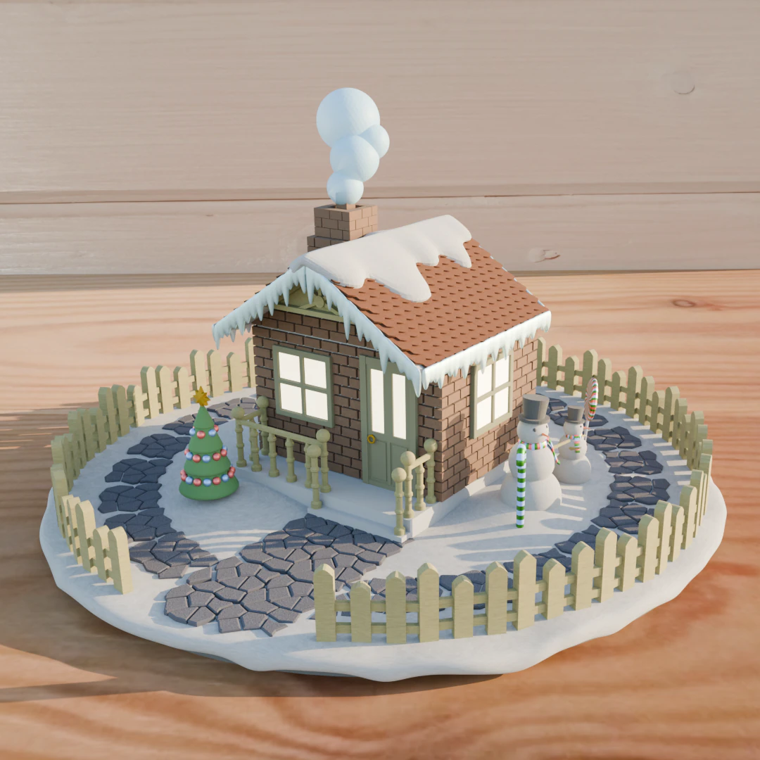 Christmas scene with detailsGingerbread man Christmas tree snowman Christmas house snow path 3D Print Model .c4d .max .obj .3ds .fbx .stl .blend 