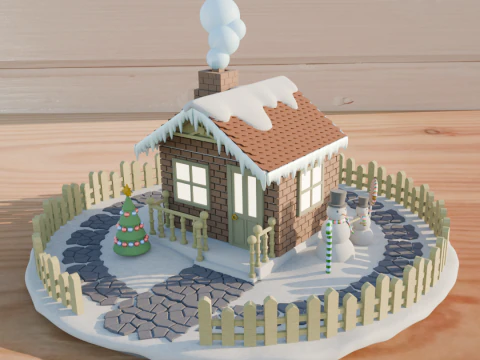 詳細なクリスマス シーン ジンジャーブレッドマン クリスマス ツリー 雪だるま クリスマスの家 雪の道 3Dプリントモデル