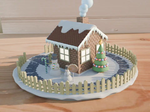 Christmas scene with detailsGingerbread man Christmas tree snowman Christmas house snow path 3D Print Model