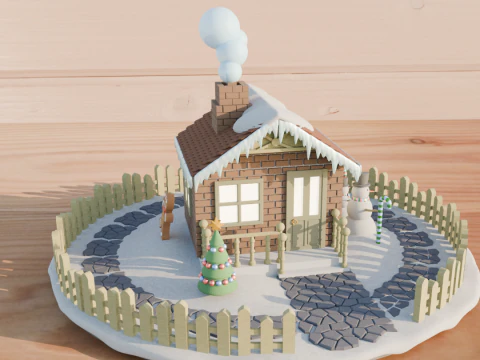 Christmas scene with detailsGingerbread man Christmas tree snowman Christmas house snow path 3D Print Model