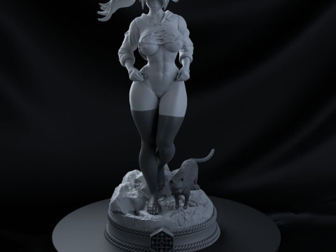 Sexy Yoruichi Shihoin with Cat Statue 3D Print Model 3D Print Model