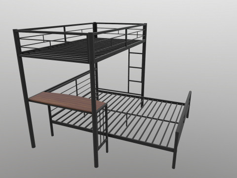 Metal Bunk Bed With Desk Model 3D