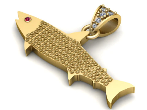 イエローゴールドのサーモンフィッシュペンダント 3Dプリントモデル
