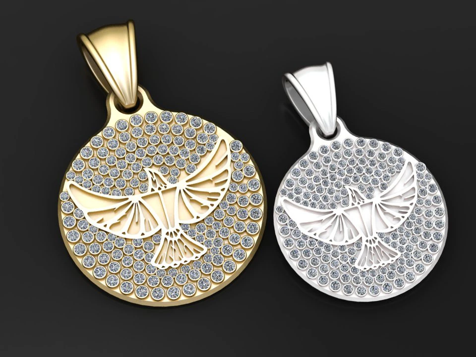 Round Cross Bird Pattern Gold Pendant 3D Print Model .c4d .max .obj .3ds .fbx .stl .blend 