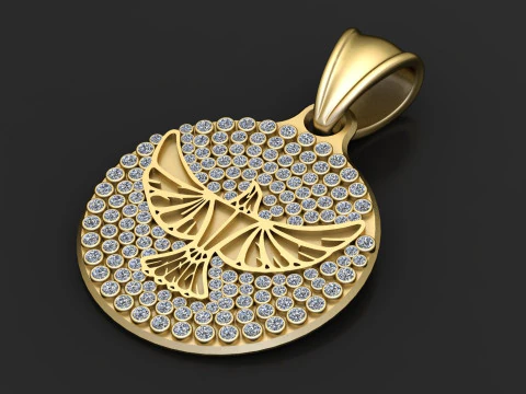 Round Cross Bird Pattern Gold Pendant 3D Print Model