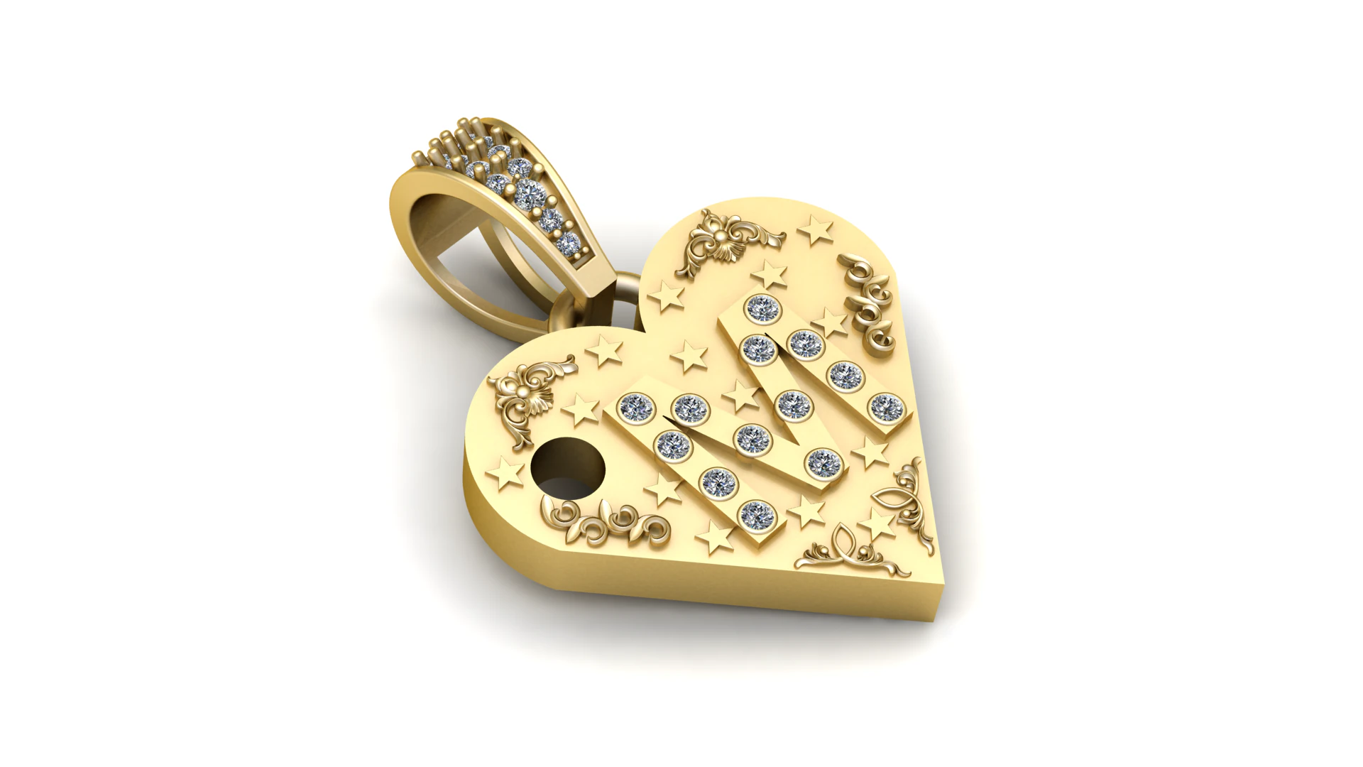 M GOLD HEART PENDANT 3D Print Model .c4d .max .obj .3ds .fbx .stl .blend