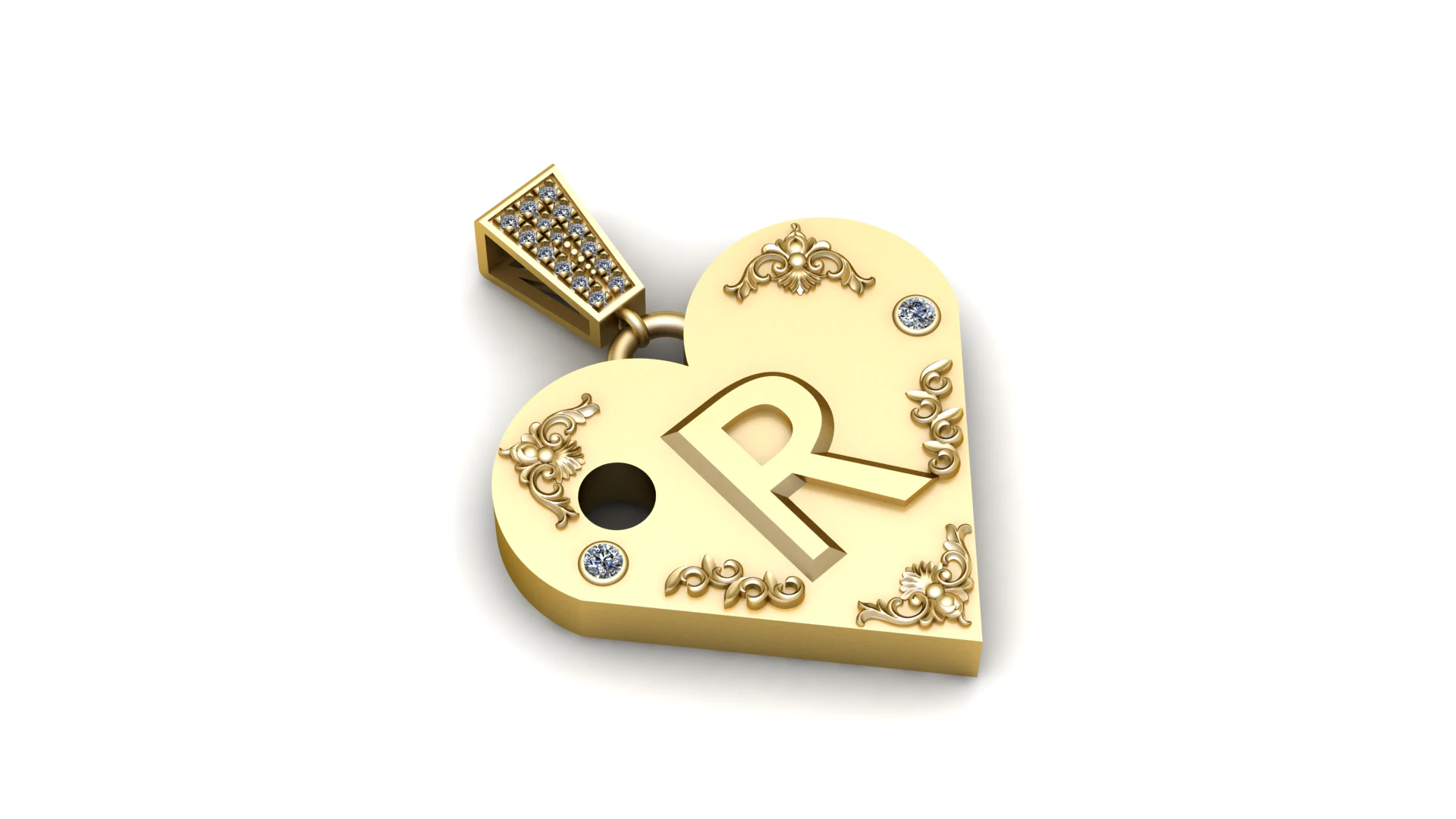 R GOLD HEART PENDANT 3D Print Model .c4d .max .obj .3ds .fbx .stl .blend 