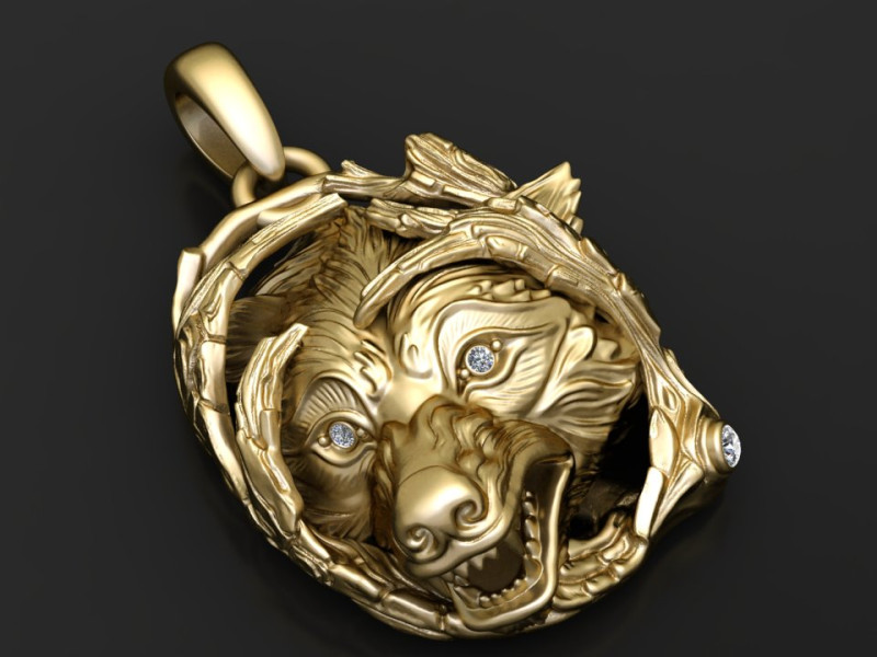 Gold wolf pendant 3D Print Model .c4d .max .obj .3ds .fbx .stl .blend 