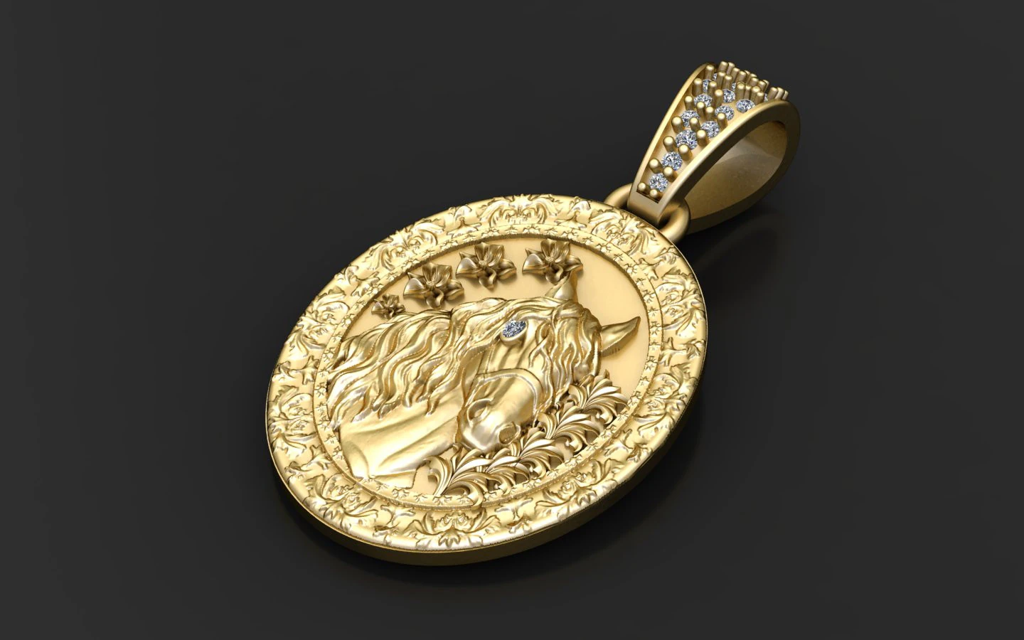 14K Solid Gold Horse Pendant 3D Print Model .c4d .max .obj .3ds .fbx .stl .blend 