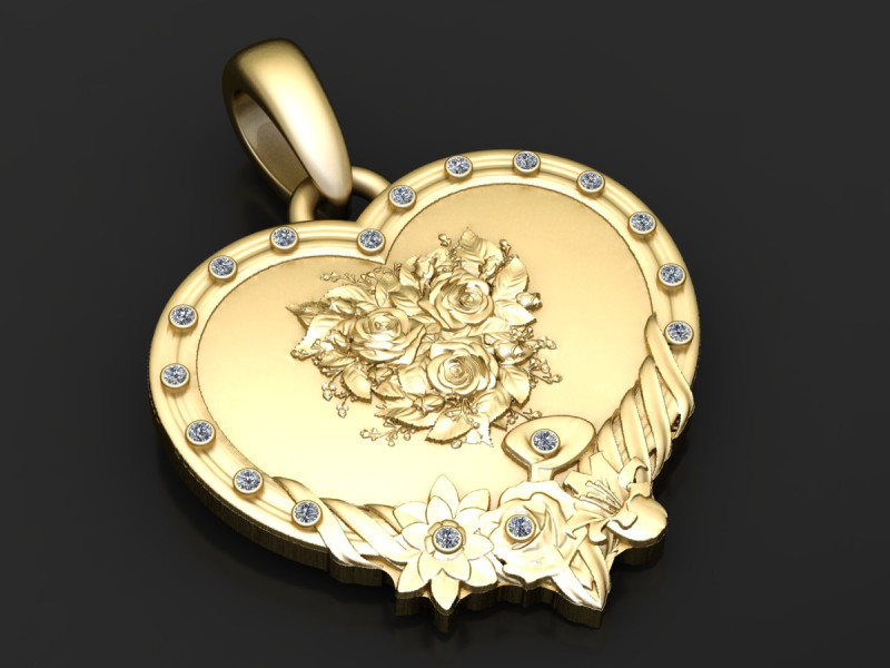 Golden Heart Rose Bouquet Pendant 3D Print Model .c4d .max .obj .3ds .fbx .stl .blend 