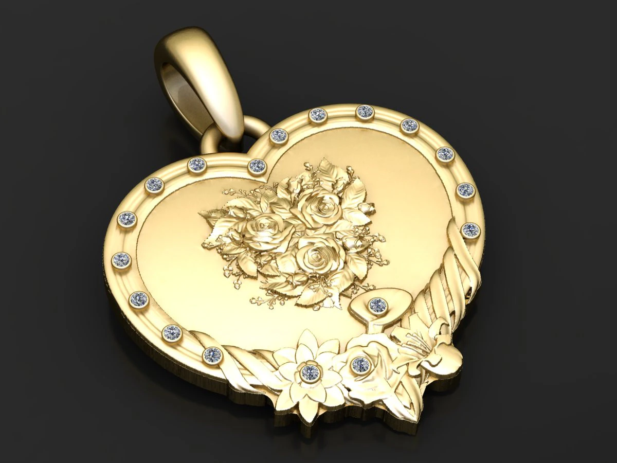 Golden Heart Rose Bouquet Pendant 3D Print Model .c4d .max .obj .3ds .fbx .stl .blend