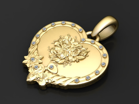 Golden Heart Rose Bouquet Pendant 3D Print Model