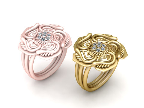 Floral Enigma Gold Diamond Ring Model Cetak 3D