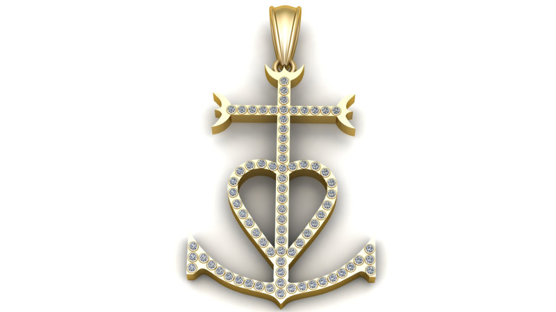 Gold Anchor Cross Heart Pendant 3D Printable Model Modello di stampa 3D .c4d .max .obj .3ds .fbx .stl .blend 
