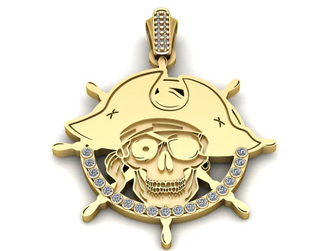 Pendentif en or avec volant de crâne de pirate, modèle de bijoux imprimable en 3D Modèles 3D en vedette