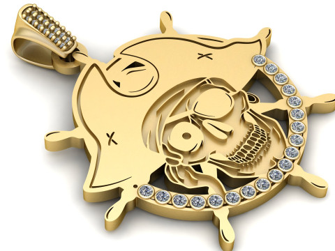 Pirate Skull Steering Wheel Gold Pendant 3D Printable Jewelry Model 3D Print Model