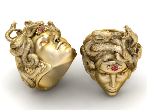 Gorgon Medusa Ring with Flower and Ruby 3D Printable Jewelry Model Modello di stampa 3D