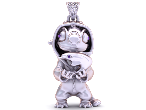 스티치가 아기 돌고래 펜던트를 들고 있습니다. 3D 인쇄 가능한 모델 3D 프린트 모델