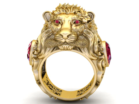 Modello stampabile 3D con anello con faccia di leone dorato Modello di stampa 3D