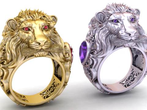 Modello stampabile 3D con anello con faccia di leone dorato Modello di stampa 3D