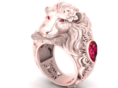 Modello stampabile 3D con anello con faccia di leone dorato Modello di stampa 3D