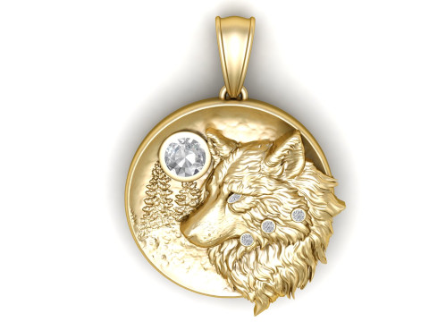 Baying Wolf und Mond 14K Gelbgold Anhänger 3D druckbares Modell 3D Druckmodell