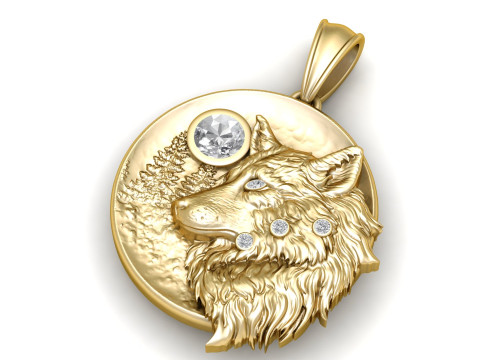 狼与月亮 14K 黄金吊坠 3D 打印模型 3D 打印模型