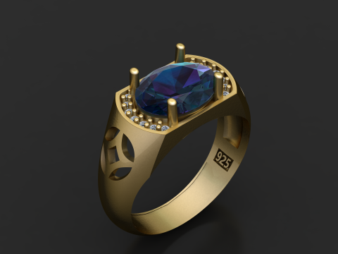 Mavi Topaz Erkek Yüzüğü 3D Yazdırılabilir Model 3D Baskı Modeli