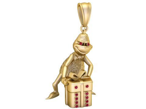 3D Printable Grinch Pendant with Ruby Eyes and Gift Box 3D Print Model