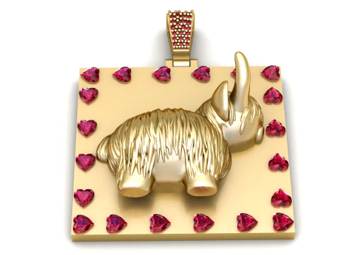 ルビーハートのボーダーが付いた豪華なゴールドブルメダリオンペンダント 3Dプリントモデル