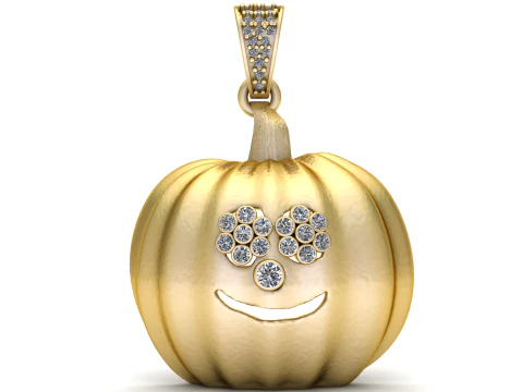 ダイヤモンドのアクセントが付いた豪華なゴールド スマイリー パンプキン ペンダント 3Dプリントモデル