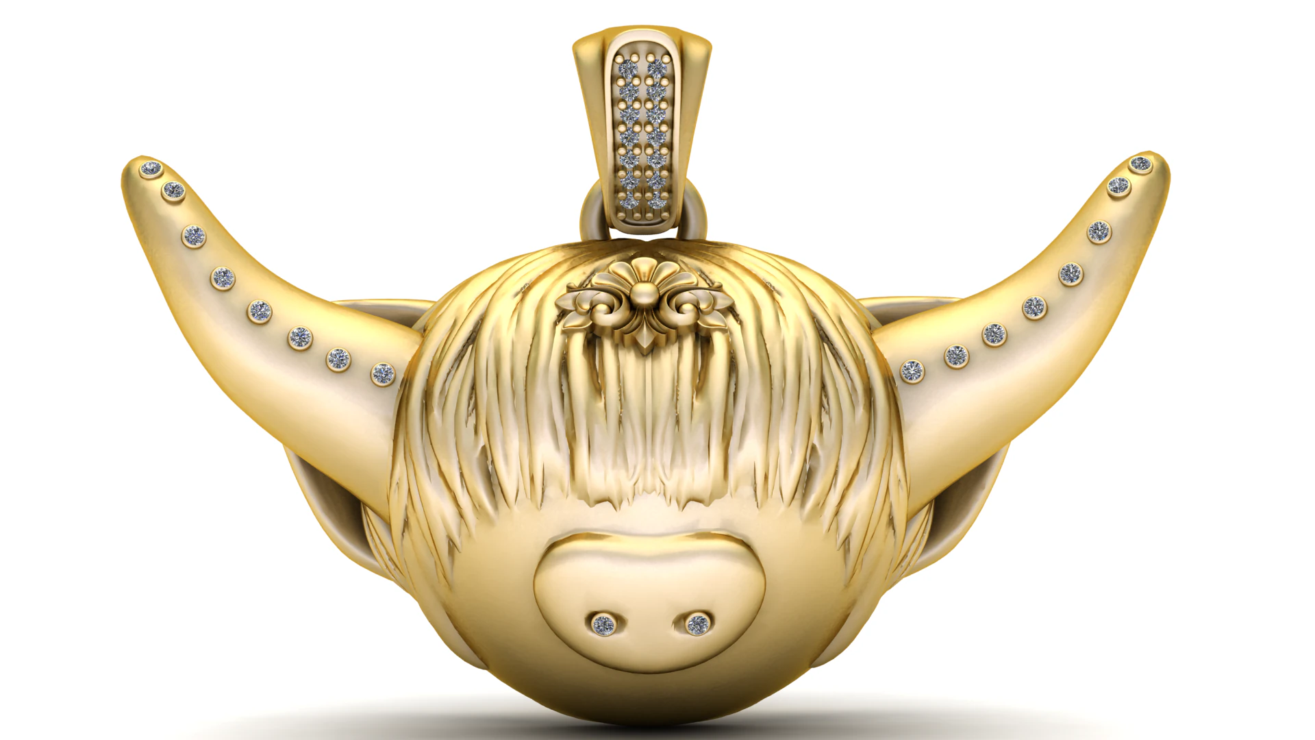 Luxury Gold Highland Bull Pendant with Diamond Accent 3D Print Model .c4d .max .obj .3ds .fbx .stl .blend 